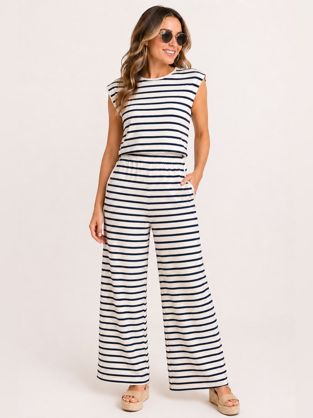 FD by Fred David Striped Wide Leg Jumpsuit Navy White Tie Back Women’s Size Lrg